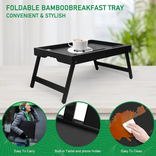 Miniatura 3 de Bandeja para la cama con asas y patas plegables, bandeja de desayuno de bambú con ranura para medios, uso como plato, escritorio para laptop, Negro