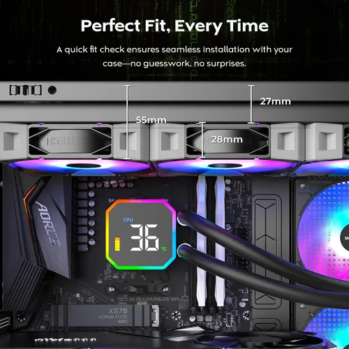 Miniatura 36 de MONTECH HyperFlow Digital 240 - Enfriador líquido de CPU, AIO de 9.449 in con bomba de 3100 RPM, 2 ventiladores E28 ARGB de 4.724 in, pantalla