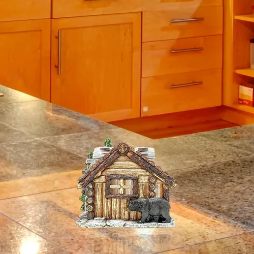 Miniatura 7 de BestGiftEver Juego de saleros y pimenteros con soporte, diseño de oso y cabaña para cocina estilo cabaña, decoración rústica de poliresina