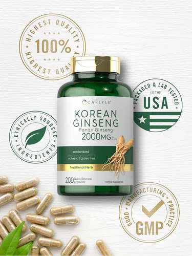 Miniatura 6 de Carlyle Cápsulas de ginseng coreano 2000 mg 200 unidades Suplemento de extracto de Panax estandarizado Fórmula sin OMG y sin gluten