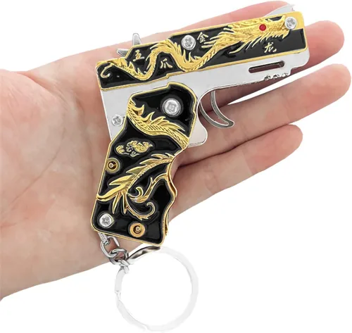 Miniatura 7 de 2pcs mini oro dragón goma banda pistola metal plegable llavero nuevas e interesantes goma banda juguete pistola al aire libre regalo fiesta