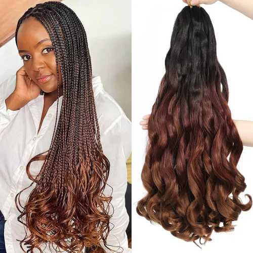 Miniatura 53 de Cabello Rizado Francés para Trenzar de 18 Pulgadas, 8 Paquetes Color Borgoña - Cabello para Trenzar Pre-Estirado con Rebote - Extensiones de Cabello
