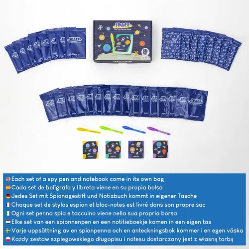 Miniatura 6 de BONNYCO Paquete de 32 bolígrafos y cuadernos de tinta invisible. Recuerdos de fiesta con temática espacial para niños, bolsas de regalo, piñata