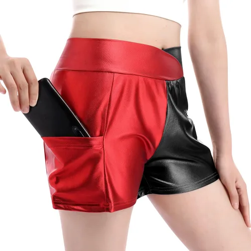 Pantalones cortos de baile brillantes para mujer con frente en V cintura alta para yoga gimnasio fiesta de rave pantalones cortos con bolsillos
