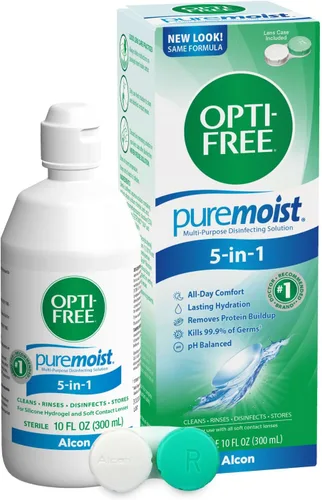 Opti-Free Puremoist Solución multiusos de limpieza y desinfección de lentes de contacto con estuche para lentes, 10 onzas líquidas (paquete de 1)