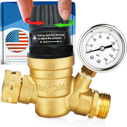 Renator Regulador de presión de agua RV para autocaravana RV Regulador de presión de agua ajustable sin plomo de latón con medidor para remolque de