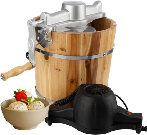 Máquina eléctrica para hacer helados, máquina de helado de 4 cuartos de galón con manivela y paleta eléctrica, máquina de helado de cubo de madera
