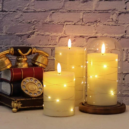 Miniatura 6 de Velas sin llama parpadeantes con luz de cadena y temporizador remoto, juego de 3 velas de columna operadas con baterías, cera real, mecha 3D, luz