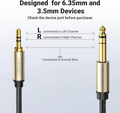 Miniatura 7 de UGREEN Cable estéreo de 3.5mm TRS a 6.35mm 1/4 de pulgada Audio para guitarra a Aux macho con carcasa de aleación de zinc y trenzado de nailon