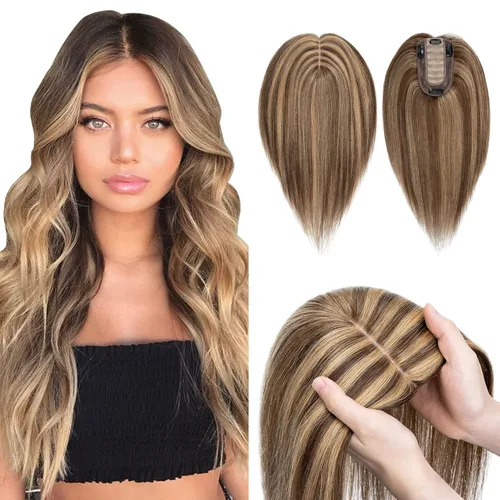 Miniatura 29 de Hairro Toppers de cabello humano 100% real para mujeres sin flequillo, postizos de cabello real con clip, base de seda transpirable para cubrir