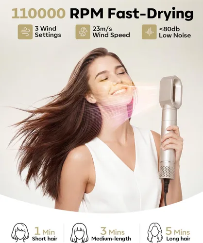 Miniatura 6 de Moldeador de Aire Caliente 8 en 1 de Doble Voltaje y Cepillo Secador de Cabello con Accesorios Alisador y Rizador, 110,000 RPM Secado Rápido Iónico