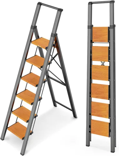 Miniatura 18 de WOA WOA Escalera de 6 peldaños, escaleras plegables ligeras con peldaños anchos, escalera delgada para espacios estrechos, escalera alta para techos