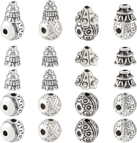 Miniatura 9 de Juego de 10 cuentas de plata tibetana de gurú de 3 agujeros, cuentas perforadas en T, cuentas de gurú budista, cuentas sueltas de metal, cuentas