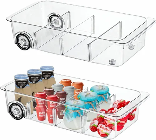 Paquete de 2 contenedores enrollables para nevera, cajón extraíble con ruedas, organizador de refrigerador, cubos con asas, organizador de frutas