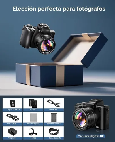 Miniatura 8 de Cámaras digitales 8K para enfoque automático de fotografía, actualización 2026 88MP WiFi profesional 16X Zoom cámara de fotografía con doble lente