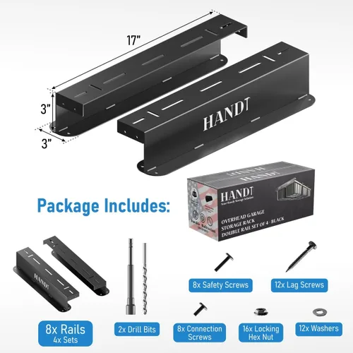 Miniatura 4 de Estante de almacenamiento de garaje con base en Estados Unidos, rieles de techo de metal resistente conectables, sistema de estantería de Negro