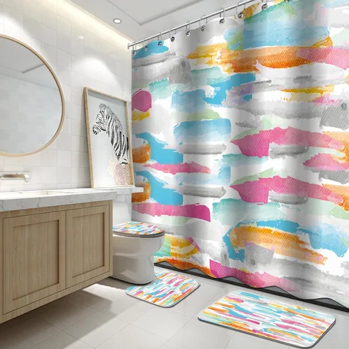Miniatura 8 de Lnond 4 Piezas Juegos de Cortinas de Ducha de Baño Moradas con Alfombras, Arte de Pintura Púrpura y Gris Juegos de Baño con Cortina de Ducha