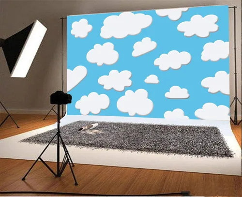 Miniatura 3 de Laeacco Fondo de dibujos animados de 7 x 5 pies, cielo azul, nubes blancas, fondo de fotografía de cumpleaños para niños, fiesta temática