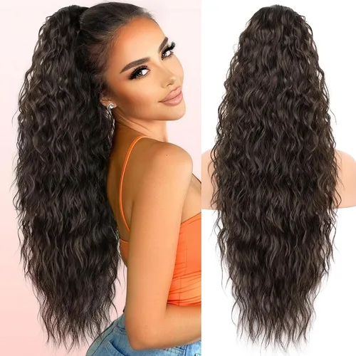 Miniatura 27 de KooKaStyle Extensión de cola de caballo con cordón de 26 pulgadas (66 cm) para mujeres, extensiones de cabello sintético rizado largo para uso