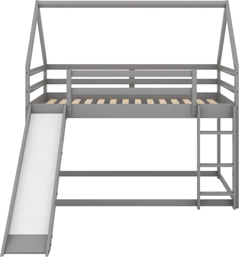 Miniatura 7 de Harper & Bright Designs - Litera de casa individual sobre cama individual con tobogán para niños y niñas, litera de piso de madera con techo y Gris