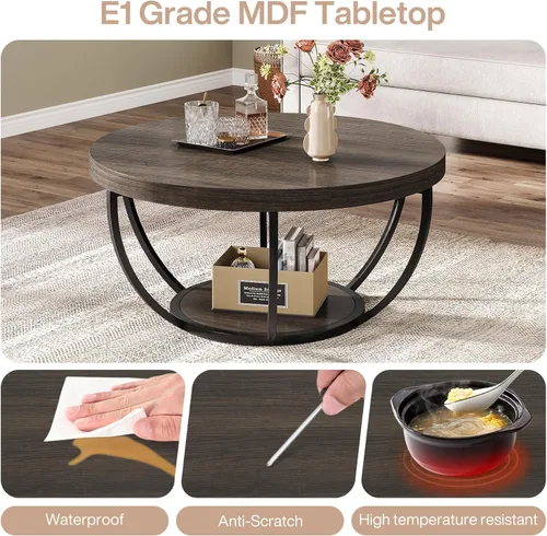 Miniatura 7 de Tribesigns Mesa de Centro Redonda, 31.7" Mesa de Centro Circular de Madera de 2 Niveles con Estantes de Almacenamiento, Mesa de Cóctel de Acento