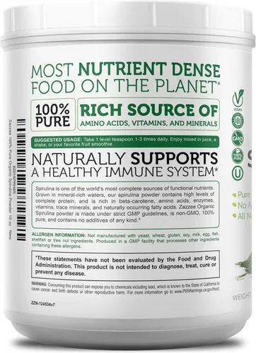 Miniatura 7 de Zazzee Polvo de Espirulina Orgánica, 16 Onzas (1 LB), Certificado USDA, 137 Porciones, 100% Puro, Kosher, No Irradiado, Envase de Boca Ancha Sin