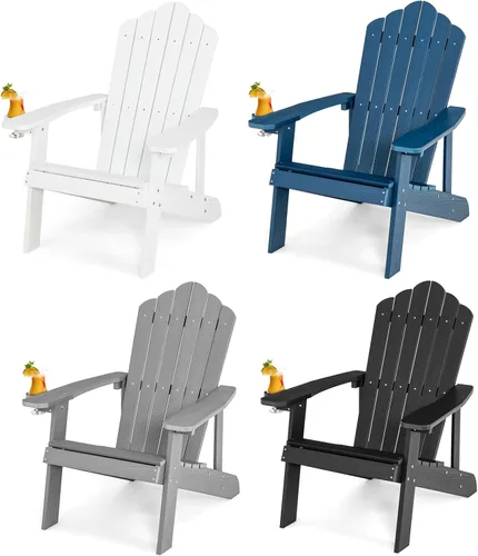 Miniatura 29 de Giantex Silla Adirondack para exteriores, sillas de patio de gran tamaño con portavasos oculto, veta de madera realista, capacidad de peso de 380