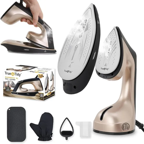 True & Tidy DuoPress XL 2 en 1 vaporizador y plancha para ropa, potente vapor turbo de 1600 W, placa de cerámica grande, control de temperatura