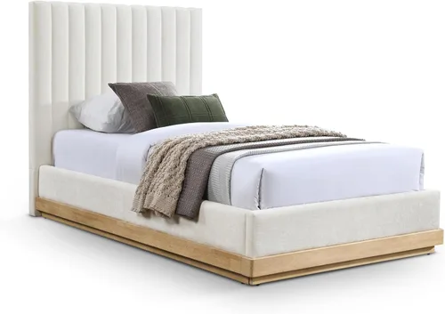 Miniatura 14 de Meridian Furniture B1245Beige-T Emmet Collection Modern Cama individual contemporánea con tela de felpilla beige suave, acabado de nogal, base