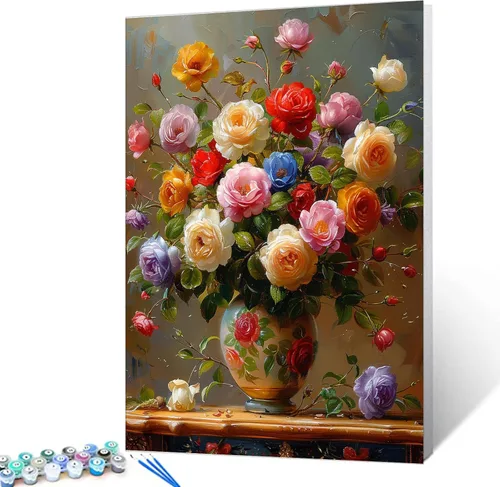 Miniatura 12 de Tucocoo Kit de pintura de lavanda por números con pinceles y pigmento acrílico sobre lienzo para adultos, diseño rústico de ventanas, arte floral
