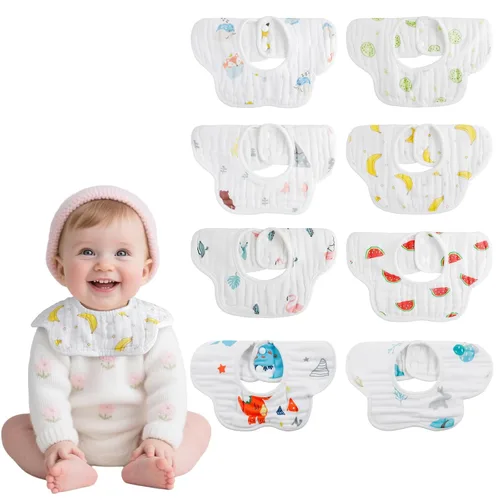 Paquete de 8 baberos de algodón orgánico con rotación de 360°, baberos de muselina para recién nacidos para dentición y babeo, baberos unisex para