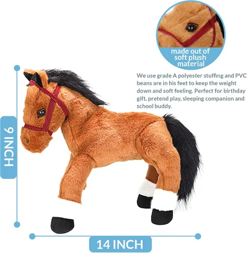 Miniatura 2 de Plushland Juguete de peluche de caballo marrón y negro suave de 14 pulgadas, regalo para bebés, niños y niñas, vacaciones, cumpleaños, Navidad