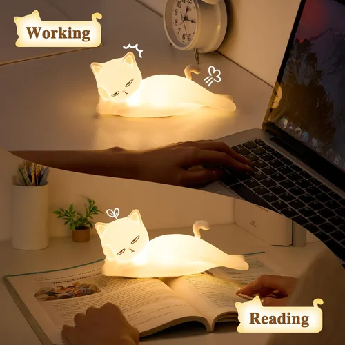 Miniatura 14 de Lámpara plana de gato Mubarek, regalos de gato, lámpara de silicona linda de 16 colores+5 atenuación, lámpara de noche recargable con control