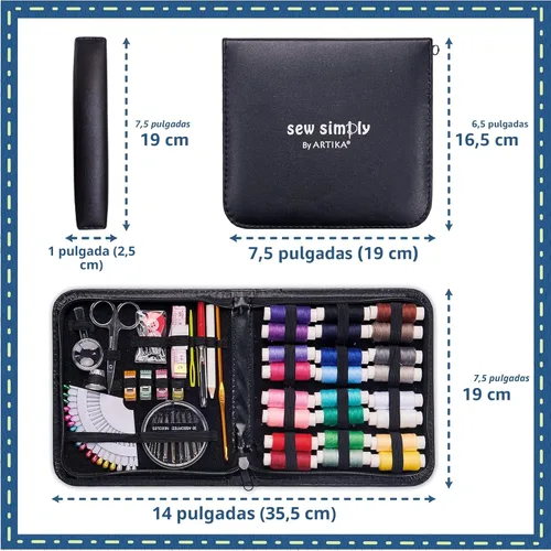 Miniatura 4 de ARTIKA Kit de costura para adultos y niños (94 PIEZAS) - Juego pequeño para principiantes con hilo multicolor, agujas, tijeras, dedal y pinzas