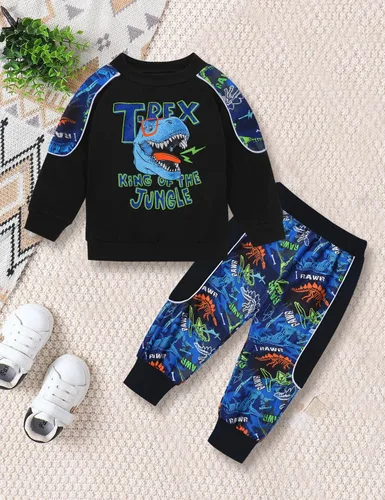 Miniatura 9 de KANGKANG Conjunto de sudadera de manga larga con estampado de letras para niños pequeños, conjunto de pantalones con estampado de dinosaurio