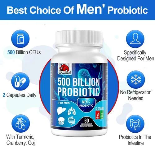 Miniatura 5 de Probióticos para hombres, 500 mil millones de UFC y 12 probióticos para hombre para la salud digestiva + 4 fibras prebióticas orgánicas