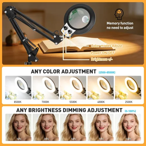 Miniatura 5 de 2 in 1 Floor Magnifying Glass with Light and Stand, Dual Knob Infinite Color Dimmable 12X&30X Large Lighted Magnifier Workbench lamp for Close Work