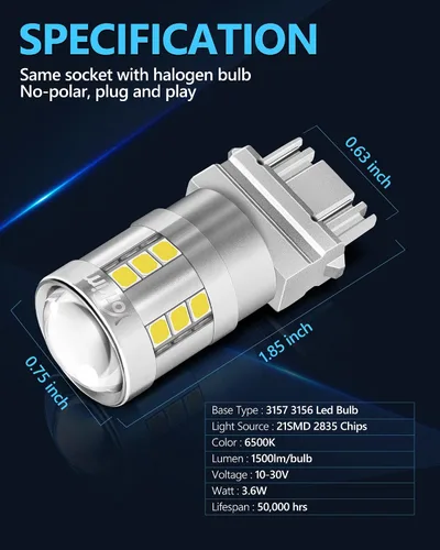 Miniatura 6 de Yorkim Foco led 3157 de color blanco, 6500K de alto brillo 3156 foco led con proyector 3057 3056 3457 4157 foco led de repuesto para luz de giro