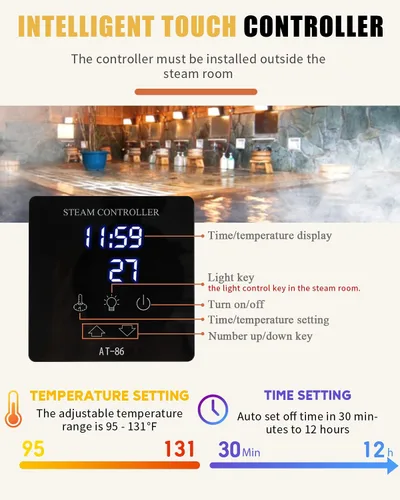 Miniatura 4 de CGOLDENWALL - Sistema de generador vapor autodrenante, de grado comercial, para ducha/baño sauna por 0.5 a 12 horas con control táctil inteligente