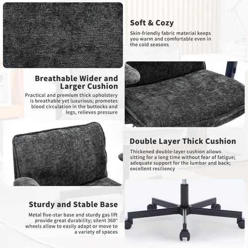 Miniatura 8 de FanciSpot Silla de oficina con patas cruzadas con ruedas y brazos abatibles ajustables, silla de escritorio cruzada con cojín grueso, silla de Negro