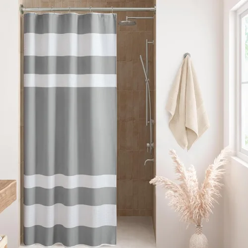 Miniatura 12 de Madison Park Cortina de ducha de tejido waffle con diseño a rayas en piezas, cortina de ducha de tela para baño con gestión de humedad 3M Rayas Taupe