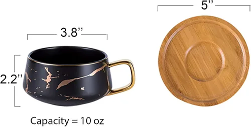 Miniatura 2 de Jusalpha Juego de taza de té de 10 oz con impresión de mano dorada y platillo/Juego de taza de café y platillo de bambú TCS19 (Negro)