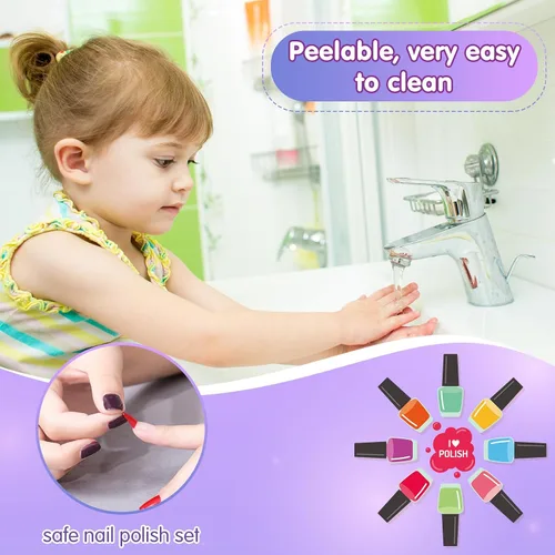Miniatura 8 de Juego de esmaltes de uñas para niñas, kit de arte de uñas DIY con secador de uñas, uñas postizas, pegatinas de uñas, esmalte de uñas despegable,