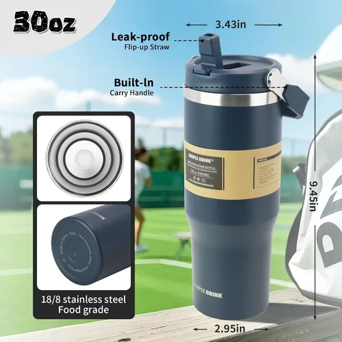 Miniatura 2 de Botella de agua aislada con pajilla abatible de 30 onzas con asa, vaso de acero inoxidable a prueba de fugas, taza de café de viaje al vacío