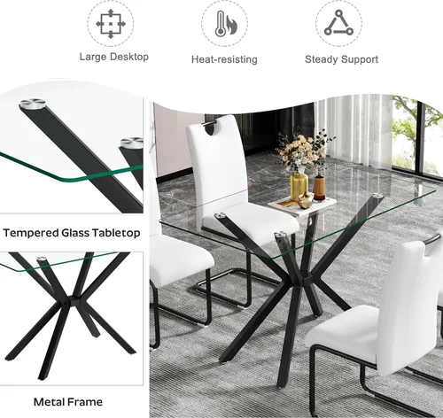 Miniatura 7 de Juego de comedor moderno de cristal de lujo de 5 piezas, juego de comedor rectangular minimalista para 4, juego de mesa de cocina de vidrio