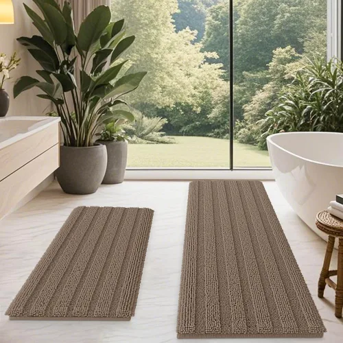 Miniatura 18 de ACCUMTEK - Juego de alfombras de baño a rayas beige de 3 piezas, ultrasuaves, antideslizantes de chenilla, alfombras de baño mullidas y absorbentes