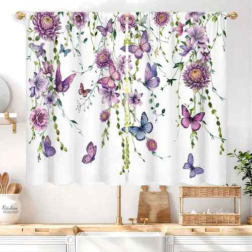 Miniatura 13 de Cortinas de cocina vintage retro de madera, con bolsillo para cortinero, 27.5 pulgadas de ancho x 39 pulgadas de largo, 2 paneles de flores blancas