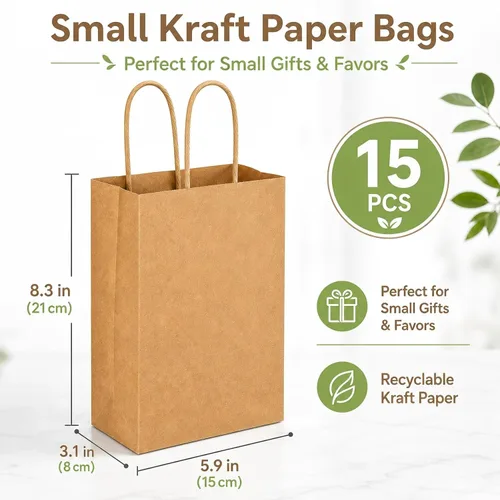 Miniatura 3 de MAQIHAN Bolsas pequeñas de papel kraft con asas – 15 bolsas pequeñas de papel de estraza marrón, bolsa de papel con caramelos, recuerdos de fiesta