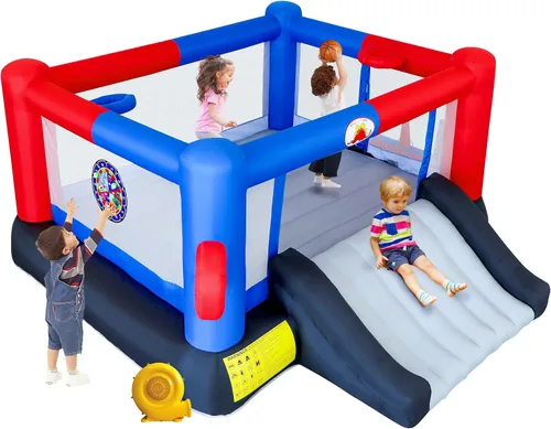 WELLFUNTIME - Casa inflable de rebote y castillo inflable con soplador, castillo de salto 7 en 1, 160 x 135 x 60 pulgadas para 4 niños, tobogán,