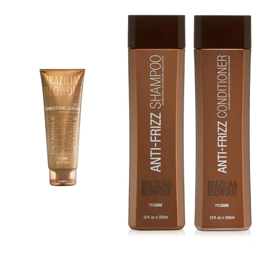 Brazilian Blowout Suero suavizante diario de 8 onzas líquidas y champú/acondicionador brasileño antiencrespamiento, paquete de 2